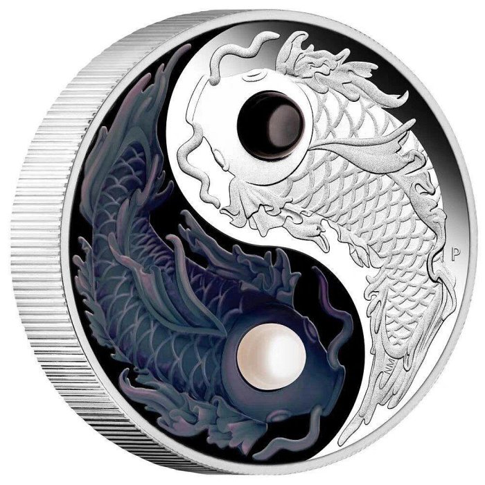 圖瓦盧2024年陰陽太極錦鯉黑白珍珠鑲嵌彩色精制5盎司銀幣面值:5圖【福