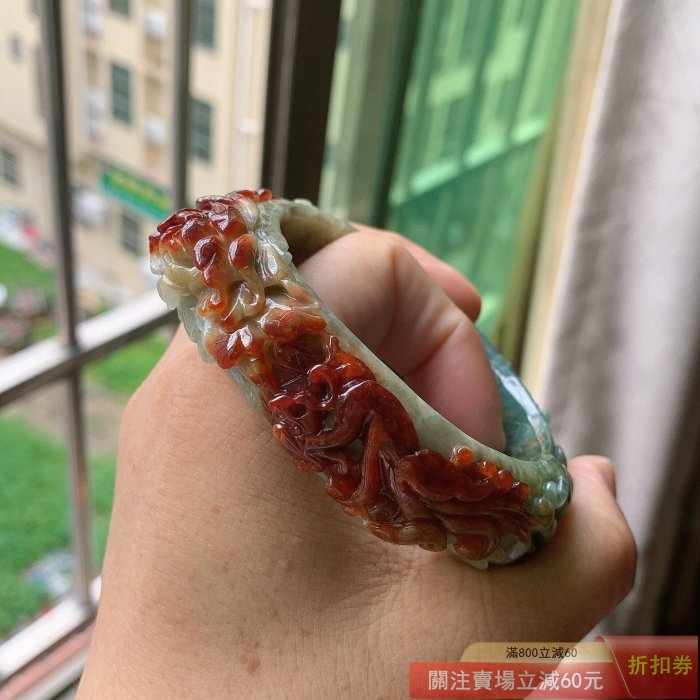 緬甸天然翡翠A貨騰沖老料紅翡雕花手鐲隨行寬版厚裝老種老料玉質細膩冰