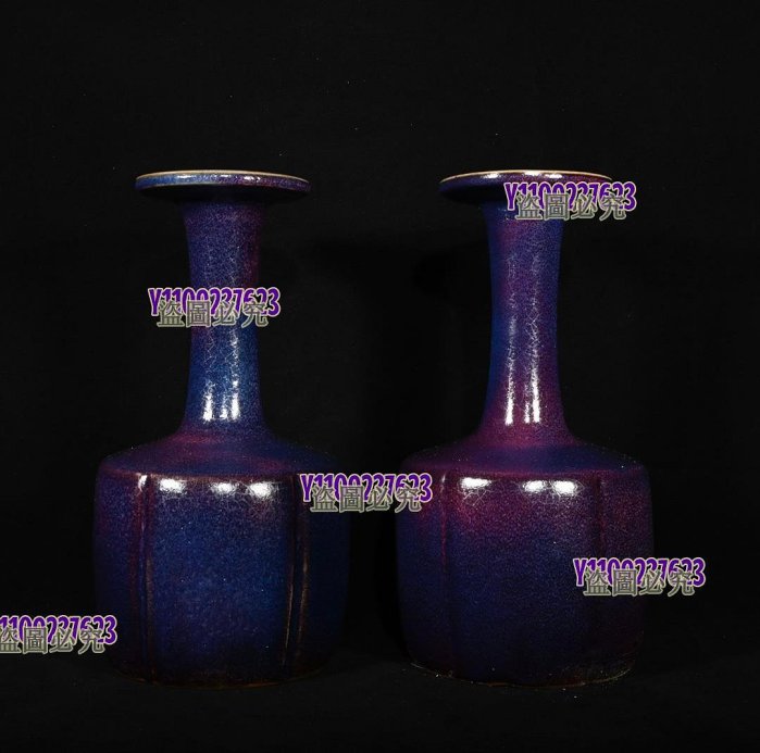 宋鈞窯玫瑰紫釉至道款盤口瓶一對高27×14厘米瓷器古董古玩【華夏收藏