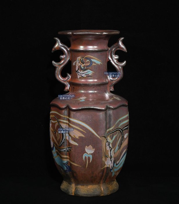 中国古美術 宋官窯 飛天図双耳皿口瓶 花瓶 緑釉 宋代名窯 古陶瓷 美術