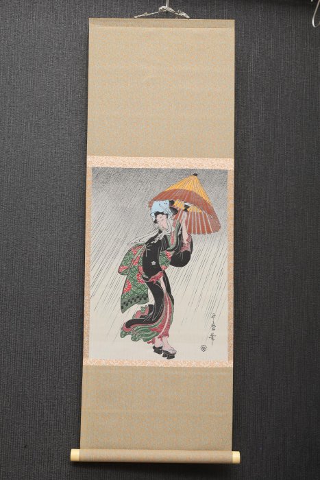 9/14結標浮世繪大師喜多川歌麿原畫織畫雨中美人PDH0160 -軸畫茶掛書法