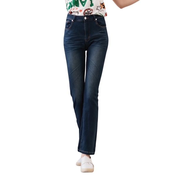 牛仔褲--顯瘦視覺鬼爪刷色後口袋波浪亮片繡線中腰小喇叭牛仔長褲(藍S-7L)-N112眼圈熊中大尺碼