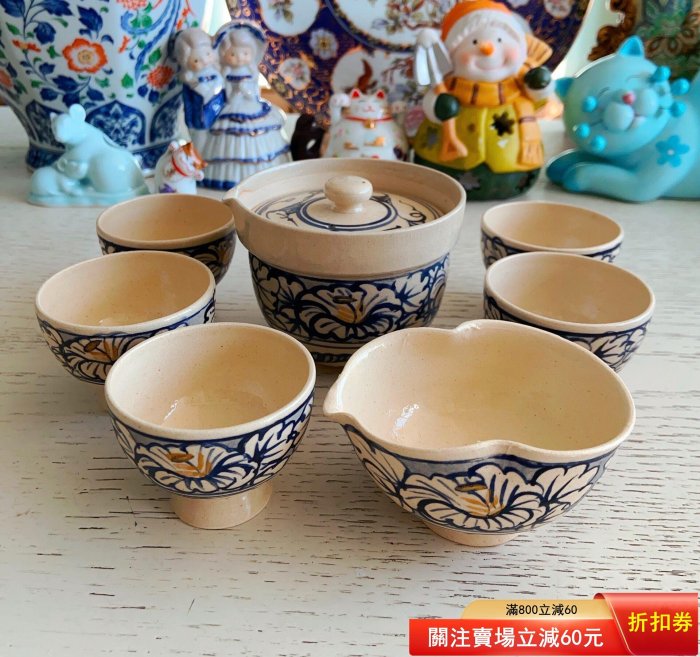 日本回流，清水燒巨匠土渕陶葊陶胎手繪青花描金整套茶具絞寶瓶公道杯