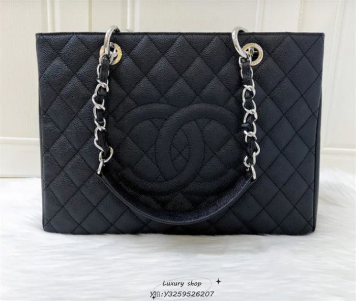 專櫃真品CHANEL 黑色荔枝皮金鏈 GST 中款豆腐包 A50995 98新