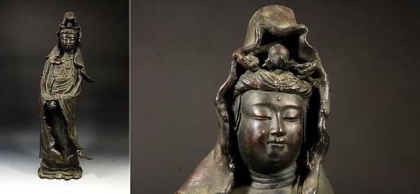观音像，古銅製，時代物，高63cm，重8000克。 大尊古銅像-觀音菩薩《 高約：63cm、重約：15.25kg》 | Yahoo拍賣
