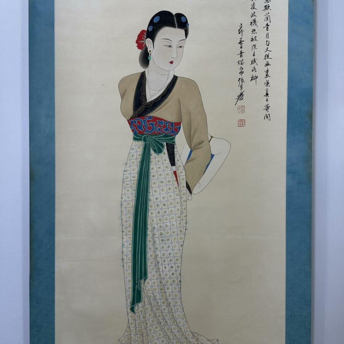 張大千】仕女四尺中堂純手繪作品裝裱尺寸:202*78cm左右畫芯尺寸:130