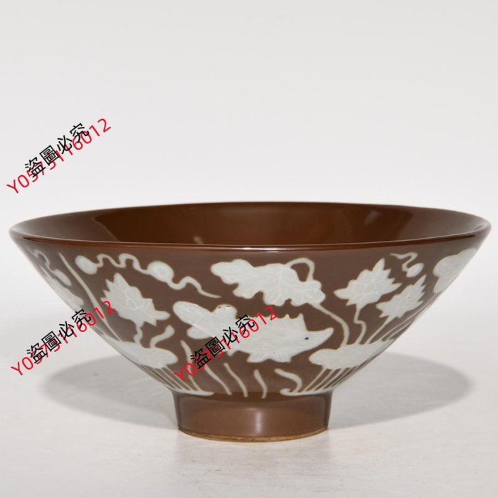 明宣德紫金釉留白魚藻紋斗笠碗，高7.2cm直徑16cm，編號844701古玩收藏