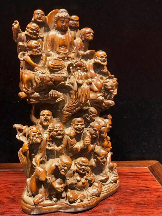 嚴選老黃楊木雕十八羅漢客廳擺件，高浮雕工藝精湛，高16公分，重320克