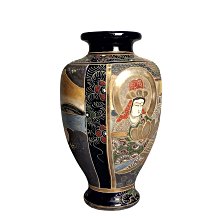 日本古美術/薩摩燒古花瓶金襴手細工人物紋，琉璃釉，飾金開片(明治時代