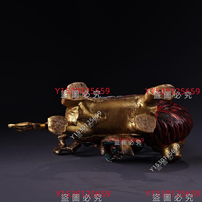 尼泊爾寺院收老純銅純手工打造鑲嵌寶石彩繪描金六臂騎獅護法神重2340克