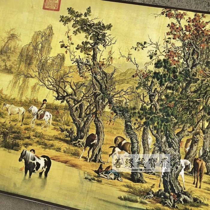 清朝郎世寧百駿圖復刻長卷畫古玩字畫國畫收藏百馬圖家居裝飾手繪工筆