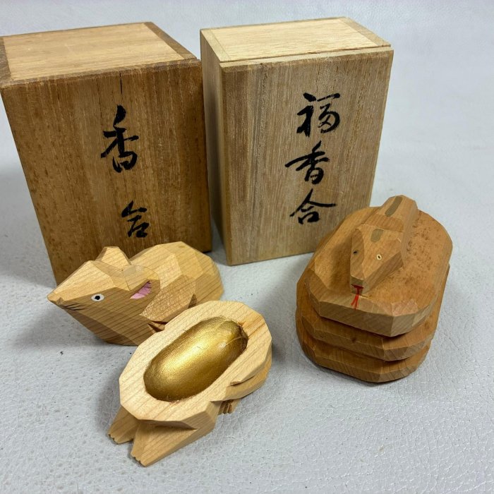 藏舊尋寶屋】老日本一刀彫厄除開運木雕置物「鼠」.「蛇」香盒擺飾收藏