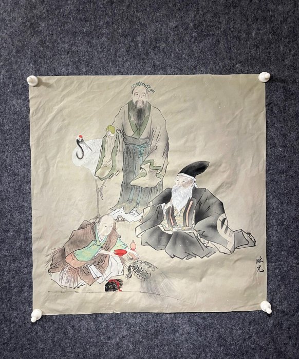 回流絹本《福祿壽三星》精品畫作，自然風化添古韻，嚴選適合書房客廳掛飾，收藏推薦 福祿壽三星 中古絹本 溫馨老字畫