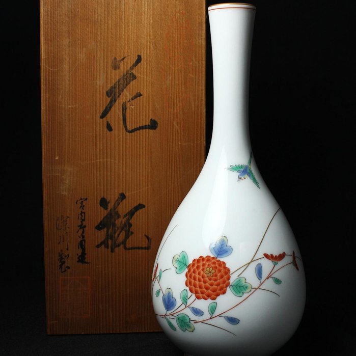 桑園の】日本宮廷御用深川製磁花鳥鶴頸花瓶花瓶花器美品桐箱D 3220