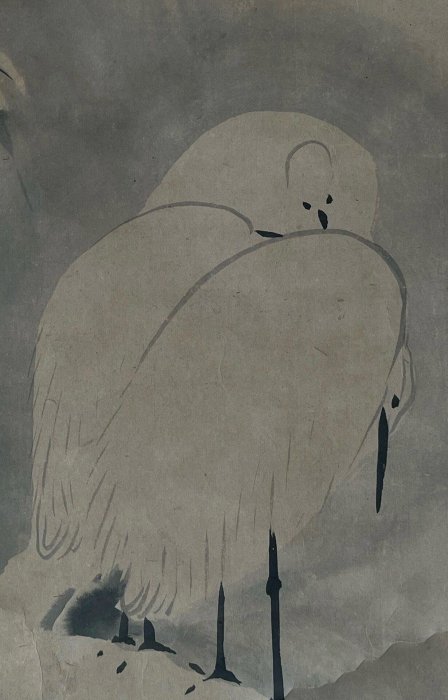 嚴選日本狩野派第七代傳人狩野尚信手繪墨筆《雪中蘆鷺圖》圖軸，高級軸