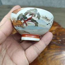 嚴選大正年間九谷燒茶杯，獨特手繪人物山水藝品，口徑7.8公分高4公分