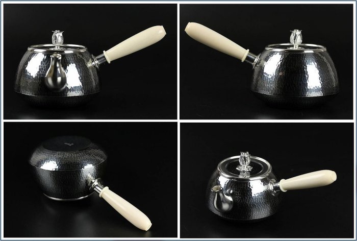 勇福堂》】日本茶道具－森川榮月造【純銀釜型鎚目、花摘側把銀壺（急須