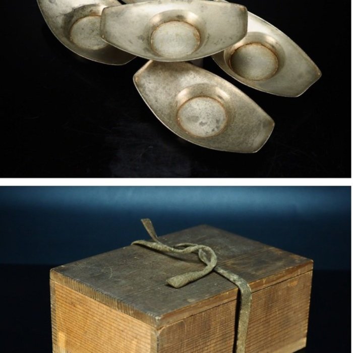 日本茶托】大師『沈存周』古錫茶托角印古錫製舟形茶托x五客☆附箱*總重