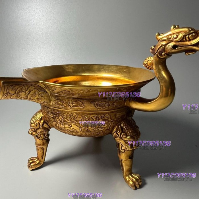 古玩大唐貞觀酒器唐代酒杯三足龍首鎏金杯金器收藏雜項銅鎏金擺件收藏老