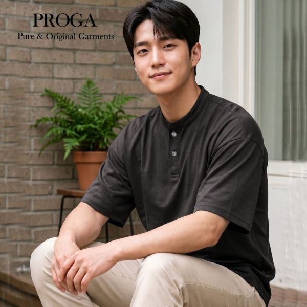 PROGA PG26035J 100%純精梳棉 細柔50支 180g輕磅 亨利領短袖t恤男上衣 現貨(5色) 親膚低敏 輕盈透氣