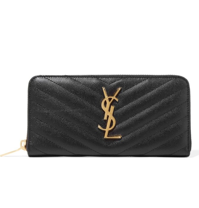 【YSL】MONOGRAM系列V字縫線魚子醬牛皮金屬LOGO拉鍊長夾/手拿包