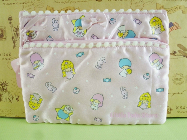 【震撼精品百貨】Little Twin Stars KiKi&LaLa 雙子星小天使~扁化妝包 雙拉鍊 粉