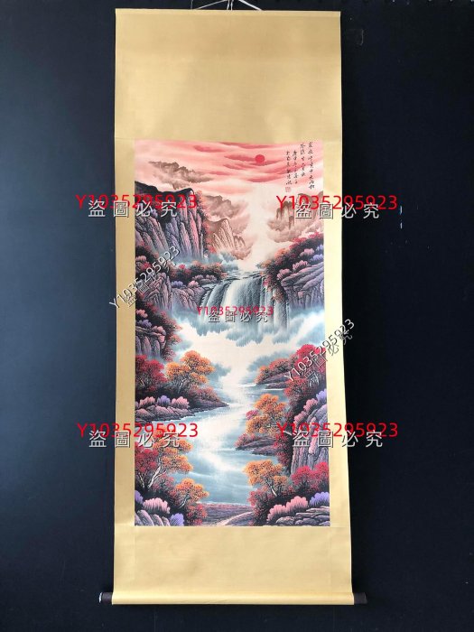 古美術• 手描粉彩山水人物水盂•【大清道光年製】在銘 • 時代物　XG55 B【魏紫𤋮】山水，四尺純手繪作品，尺寸:202＊88cm左右，畫芯尺寸:130