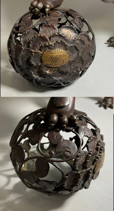 古玩輕鬆拍】古日本大正年藏百年歷史鎏金「玉取獅子」大型神獸古銅香爐