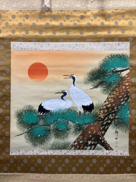 耕石斗方茶掛《松鶴圖》國畫書法古玩字畫裝飾掛畫絹本綾裱畫心尺寸43