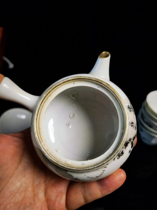 明治時代老急須茶具套組，橫手工藝墨彩繪瓷壸與杯遠景山水圖茶道具推薦