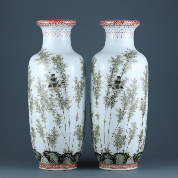 悅年堂--- 民國珠山八友徐仲南粉彩竹鳥紋捲口瓶ㄧ對| Yahoo拍賣