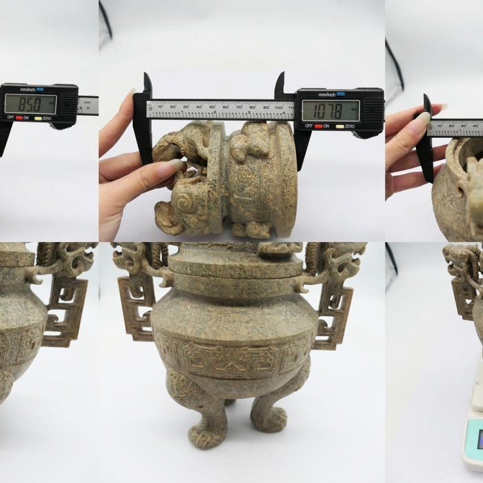 中国　玉石岫玉彫刻　雙耳活環　龍鈕蓋爐　三足香炉　唐木台付　C　5389 1679474856719477178.jpg