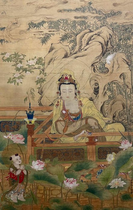 丁雲鵬創作觀音絹本精品，高雅立軸藝術品，尺寸110×70公分觀音絹本立軸