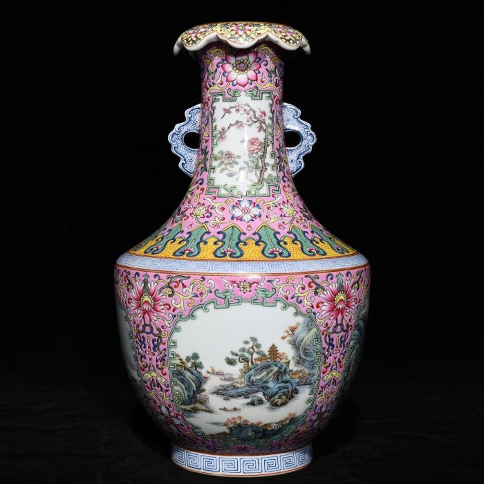 清乾隆粉彩開窗四季山水紋雙耳翻口瓶，高30.5cm直徑18cm42573 瓷器青