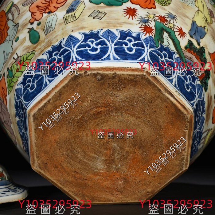 明嘉靖青花五彩高士人物紋八方將軍罐47*35厘米舊藏古董古玩【古齋