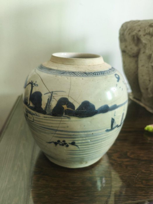 嚴選明末清初一線民俗青花山水人物罐，高17.5cm、口徑8cm、底足12cm