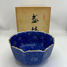 嚴選日本幸山窯藍染唐草缽全新帶盒輪花十邊口沿描金漆器青瓷藍瓷綴金