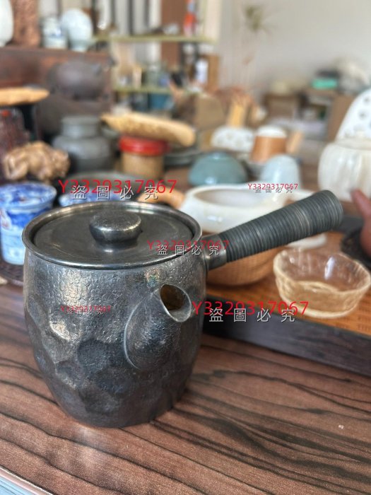日本+老熏銀銅壺+側把急需壺（蓋款武久）湯沸茶器+茶道具+鎚目手造壺+