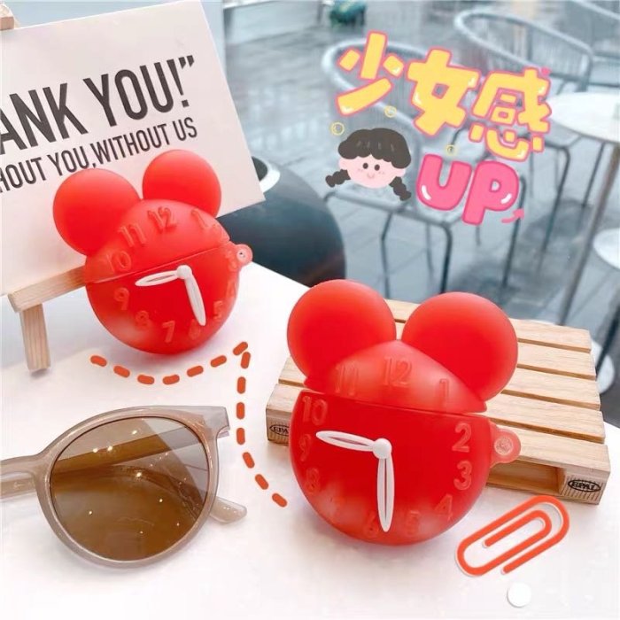 airpods保護套夜光米奇時鐘蘋果耳機套Airpodpro3代保護殼1代軟殼紅色可愛iphone耳機包pods立體2
