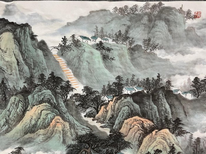 嚴選2025年省美協會員譚兆峰老師力作，180x70公分水墨紙本，山水畫風