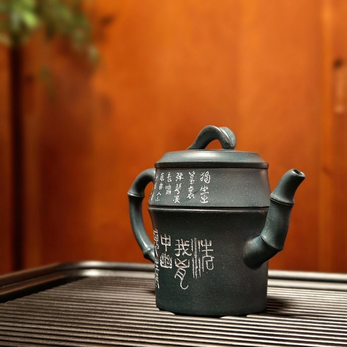 嚴選舊藏回流朱可心款竹節壺民國原礦綠泥手工藝作與勁節凌雲竹影詩畫