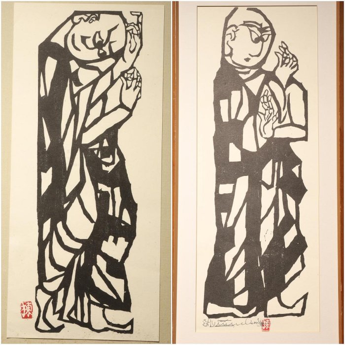 1/2結標 大師 棟方志功 佛陀十大弟子 舍利弗 須菩提 版印二件 BDL0637 -園藝 茶室 禪修 冥想 開運 佛教 雕像 面具 造景 達摩 大黑天