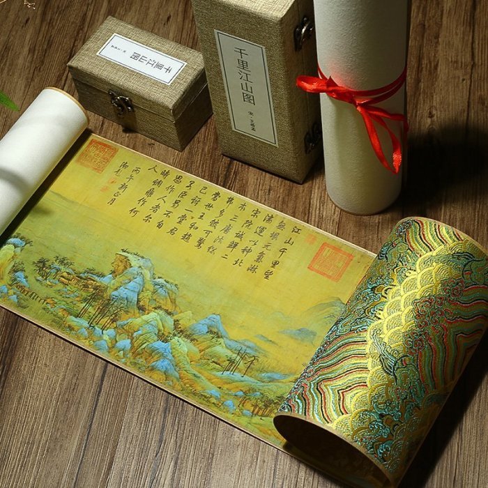 現貨北宋王希孟千里江山圖全卷裝飾畫青綠山水國畫手工卷軸復刻定制