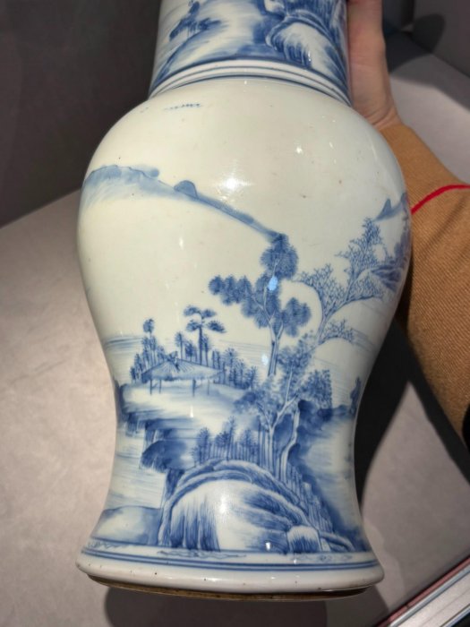 嚴選康熙時期青花鳳尾尊精致山水人物圖文物級古董高度42.8cm 老舊品