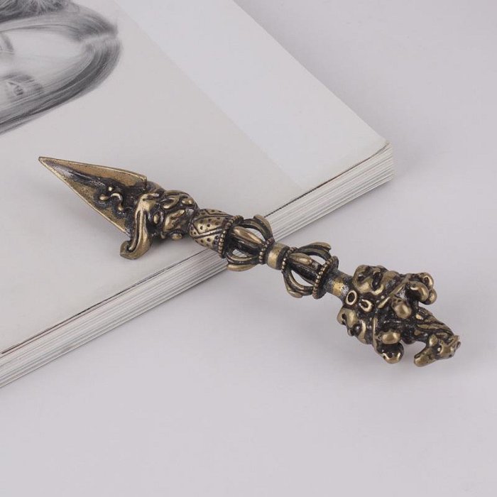 供奉招財黃銅降魔杵馬頭明王密宗藏佛三面普巴金剛杵收藏把玩文玩擺件