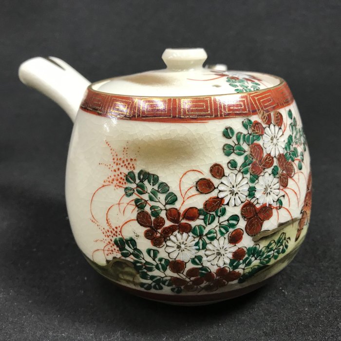 藏舊尋寶屋】老日本落款曉岳作九谷燒描金喜鵲花卉紋茶壺側把壺茶杯湯吞