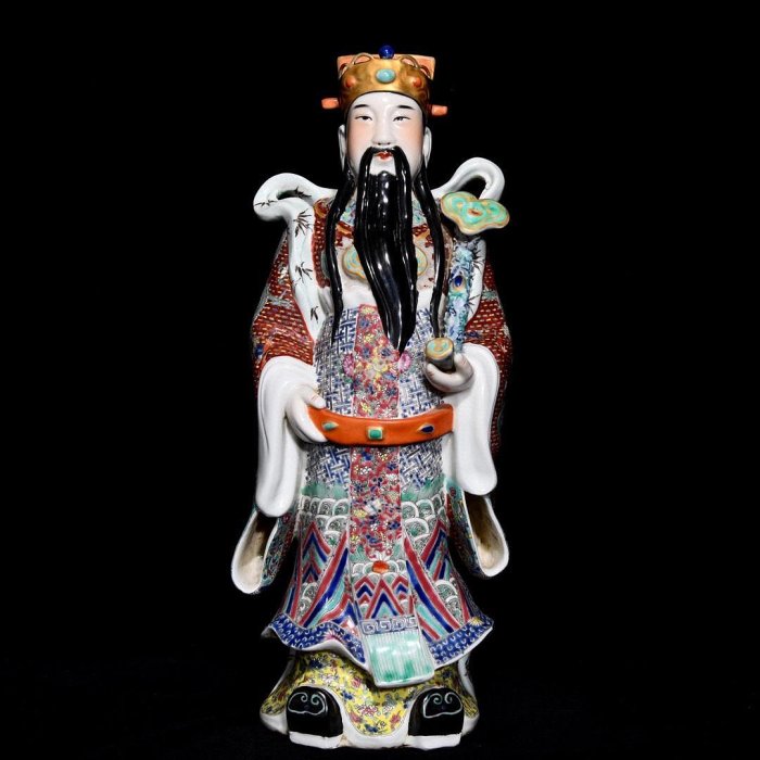 1370  中国 骨董　福建會館  游長子造　十錦 粉彩　漢人　置物　時代物 民國福建會館福祿壽三星雕像，高42cm直徑16cm，編號36 粉彩描金