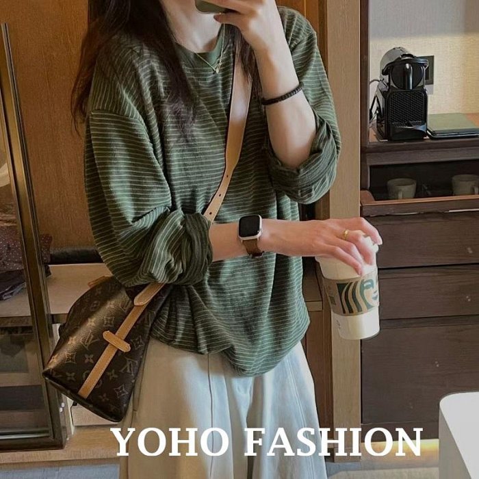 YOHO 秋季條紋長袖T恤 慵懶風復古墨綠顯白條紋上衣 寬鬆 韓系 百搭 (NN022820)