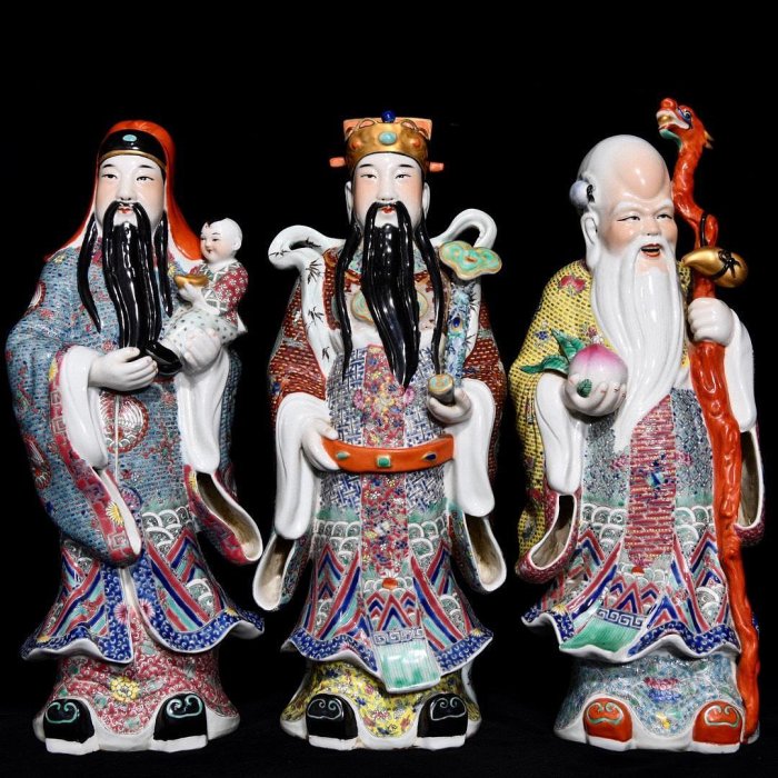 民國福建會館福祿壽三星雕像，高42cm直徑16cm，編號36 粉彩描金