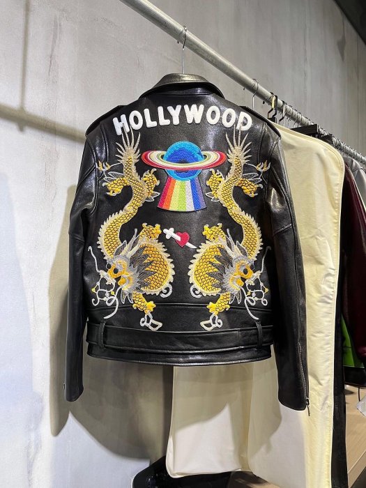 『RP精品』GUCCI 經典款 背後彩虹星球 雙龍刺繡 騎士拉鍊皮衣 外套